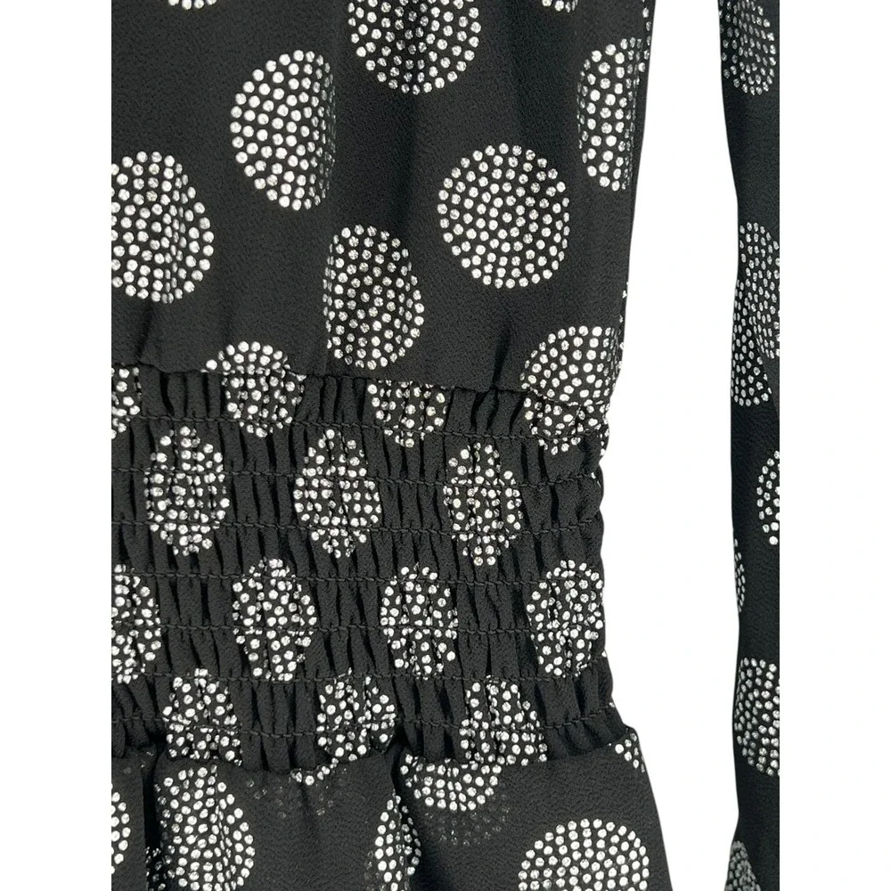 Michael Kors Dress Womens Medium Black Silver Polka Dot Smocked Ruffle Mini